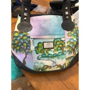 Hand-Painted Pastel Landscape Tote Bag with Black Trim